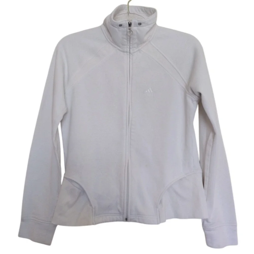 Adidas Athletic Sweatshirt Womans Medium White Full‎ Zip Long Sleeves Mock Neck